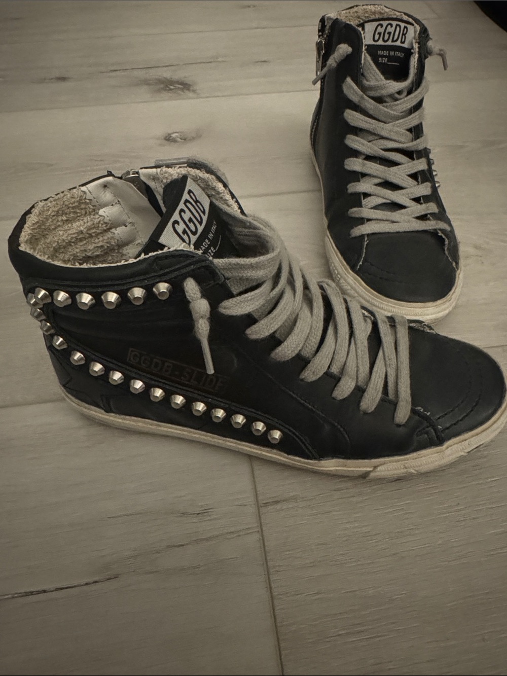 Almost New- Golden Goose Black Studded High-Top Sneakers with Gray Laces